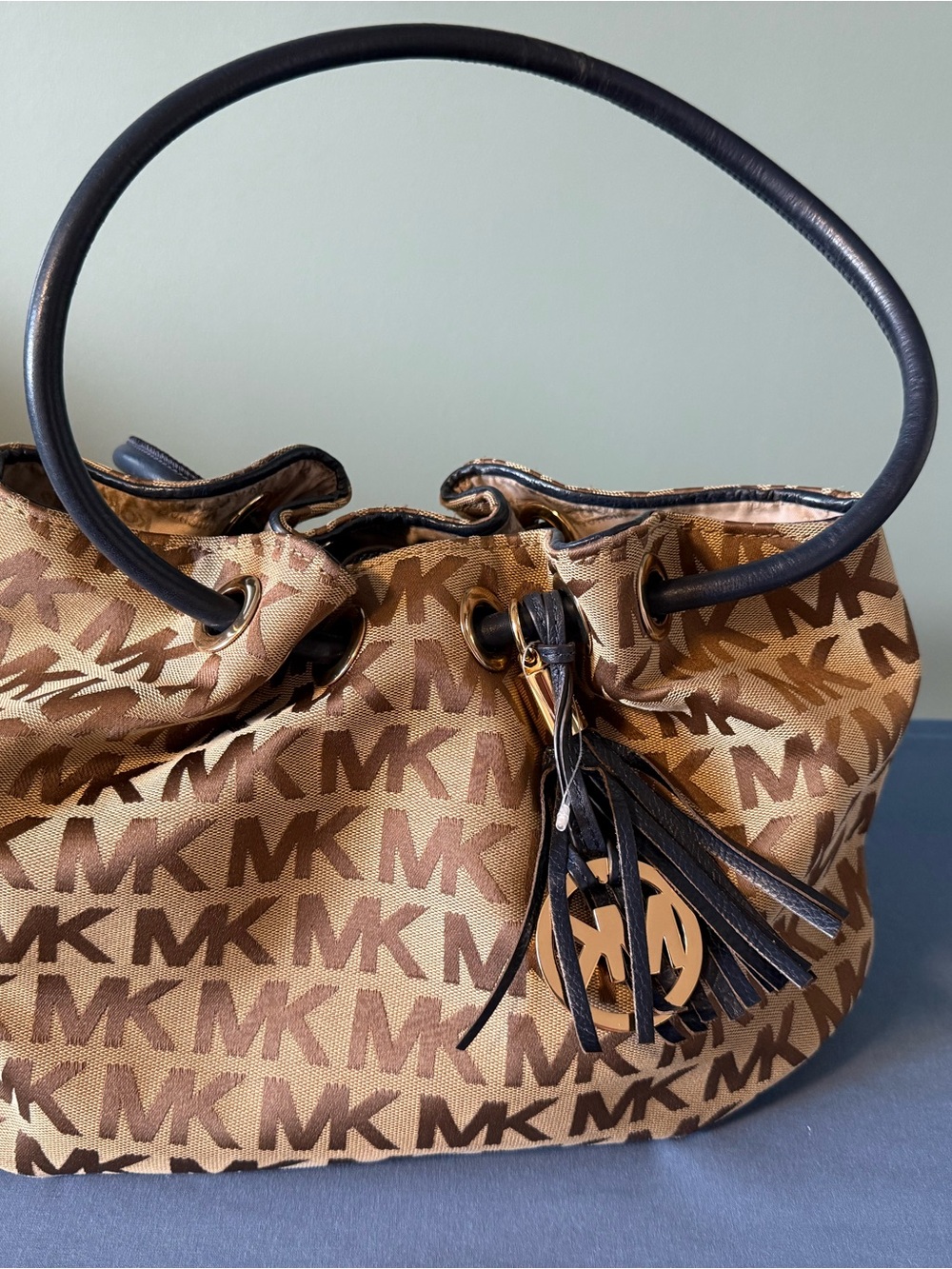 Michael Kors Brown Logo Tote with Navy Trim
